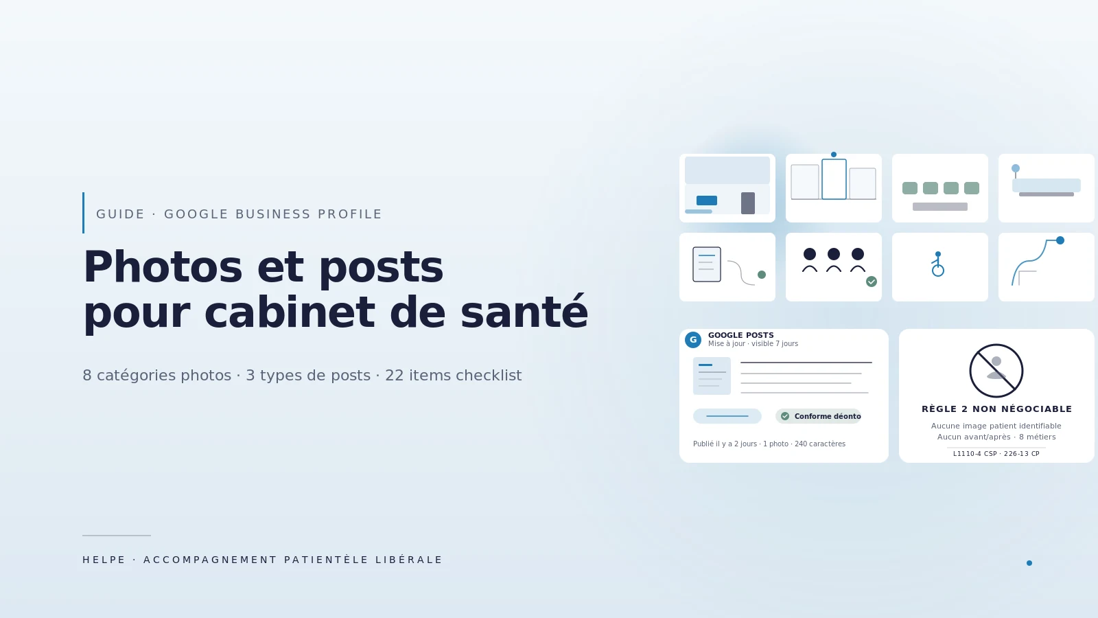 Photos et posts Google Business Profile pour cabinet de santé : grille de catégories photos, post abstrait et interdiction patient
